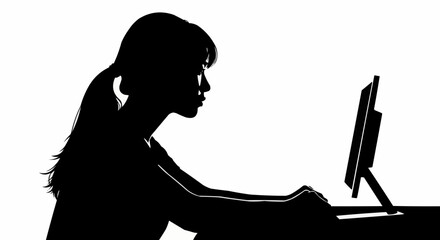 Side profile silhouette of a woman focused on her computer screen.