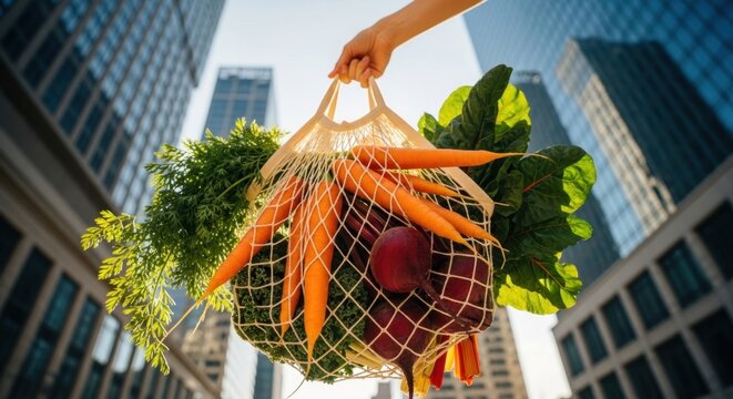 Hand holding reusable shopping bag with fresh vegetables against city buildings.