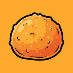 Cartoon illustration of a single, round, golden-orange fried food item with a textured surface on a plain orange background.