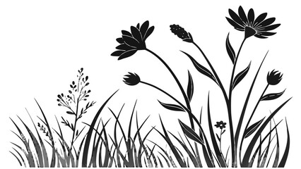 Silhouette illustration of wildflowers and tall grass in a field against a white background design