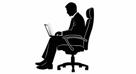 Silhouette of a businessman working on a laptop in an office chair.