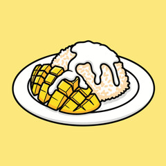 Cartoon illustration of mango sticky rice dessert on a white plate with coconut milk sauce on a yellow background.