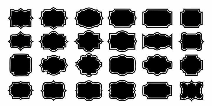 Collection of decorative black frames and labels with white outlines on a white background