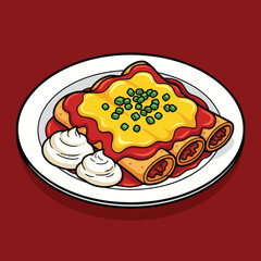 A plate of three enchiladas covered in red sauce, melted cheese, and green onions, served with two dollops of sour cream.