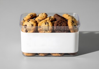A clear plastic container filled with an assortment of freshly baked chocolate chip and dark chocolate cookies on a light gray surface, ready for enjoyment