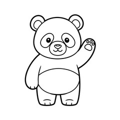 Simple black and white line art of a cute cartoon panda standing and waving.