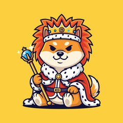 A cute cartoon Shiba Inu dog dressed as a king, wearing a crown and a royal robe, holding a scepter on a yellow background.