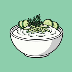 A cartoon illustration of a bowl of creamy white dip garnished with cucumber slices and fresh dill on a light green background.