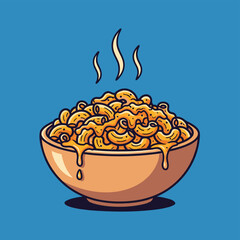 A vibrant cartoon illustration of a steaming bowl of hot macaroni and cheese with rich orange sauce dripping over the sides, set against a solid blue background.