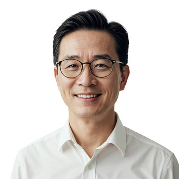 Portrait of a smiling asian man with glasses wearing a white collared shirt studio shot. isolated on transparent background