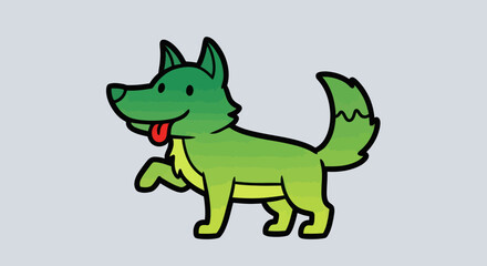 Fototapeta premium Green cartoon dog with a raised paw and a happy expression.