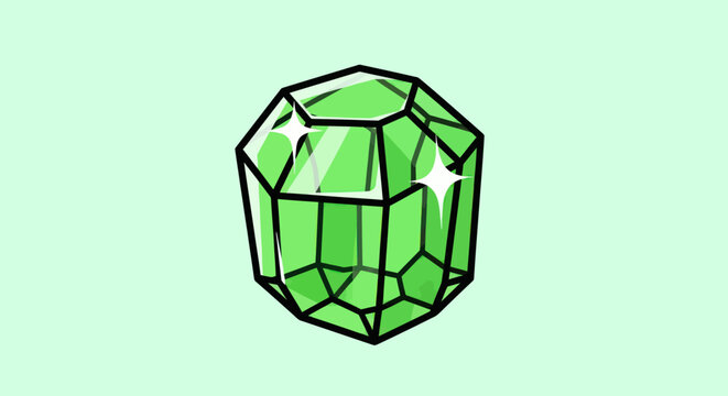 Illustration of a Sparkling Green Gemstone with Facets and Black Outline.