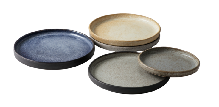 A variety of stoneware plates in different sizes and colors
