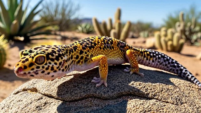 Leopard gecko explores desert landscape with vibrant colors and striking detail video