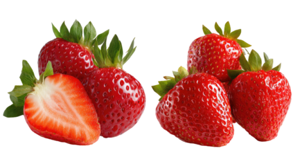 Juicy red strawberries, one sliced open, revealing seeds