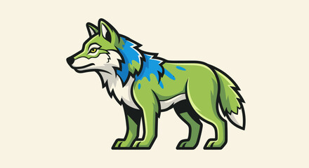 Fototapeta premium Stylized green wolf with blue mane vector illustration.