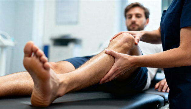 Physiotherapist examining a male patient's leg and knee in a rehabilitation clinic, doing massage or mobilization exercises