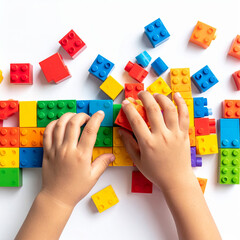 top view of hands playing colorful blocks isolated on white background