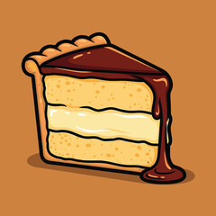 A cartoon illustration of a delicious slice of layered cake with rich chocolate sauce dripping down its side.