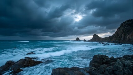Dramatic Coastal Scene with Dark Storm Clouds Over Crashing Waves Against Rocky Shoreline Creating Intense and Powerful Ocean View with Rugged Cliffs and Turbulent Waters