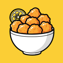 A cartoon illustration of a white bowl filled with golden fried food items, possibly nuggets or popcorn chicken, garnished with a fresh lemon slice on a vibrant yellow background.