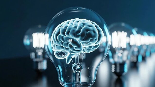 A brilliant idea concept with a brain inside a light bulb surrounded by a futuristic binary code