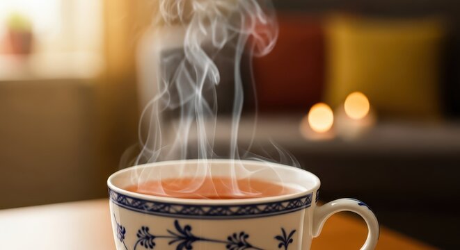 Steaming hot beverage rests in an ornate ceramic cup with warm background lighting