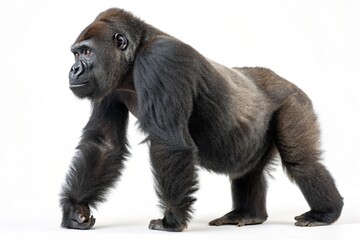Fototapeta premium A full-body studio shot of a large, muscular gorilla walking confidently on a white background.