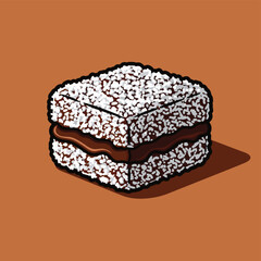 Stylized illustration of a delicious lamington cake with chocolate filling and coconut coating on a plain brown background.