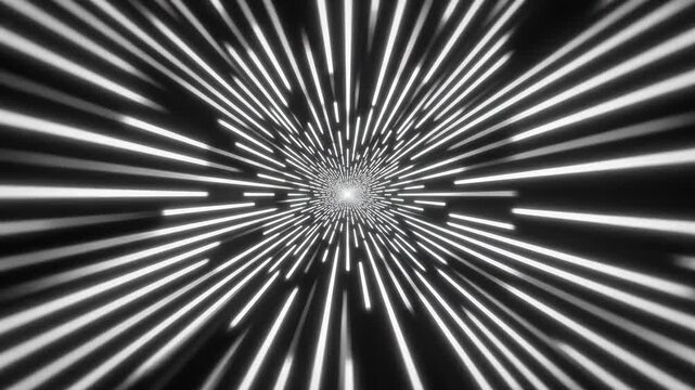 Hypnotic infinite tunnel composed of repetitive bright white parallel lines streaming toward a central vanishing point abstract, high contrast, lines streaming