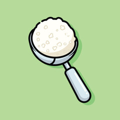 A cartoon illustration of a metal scoop filled with white granular substance, possibly rice or sugar, against a light green background.