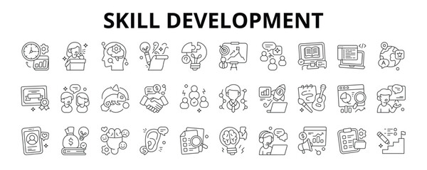 30 Skill Development Line Icons Vector - Teamwork Skills, Communication Skills, Adaptability, Personal Branding, Brainstorming Ideas, Creative, Problem Solving