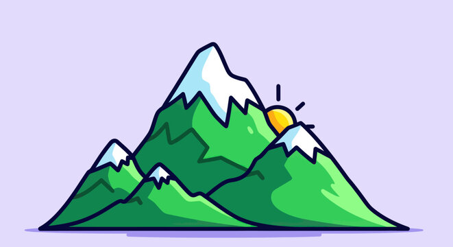 Vibrant Cartoon Mountain Range with Snow Capped Peaks and Rising Sun.