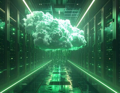 A server room with a luminescent cloud. Data rains down
