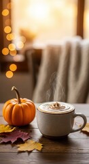 Steaming warm beverage rests beside small gourd and colorful foliage on wooden surface indoors