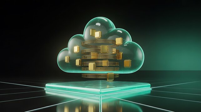 Futuristic cloud computing concept with floating digital cubes in teal light
