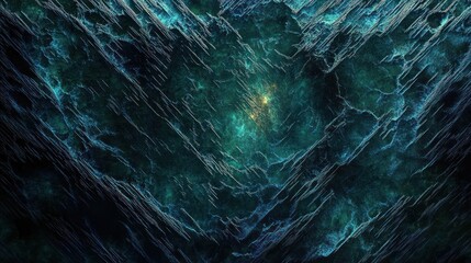 Jagged teal and blue crystalline formations with diagonal ridges and a glowing golden core, dark textured depths evoking a mysterious dramatic otherworldly scene