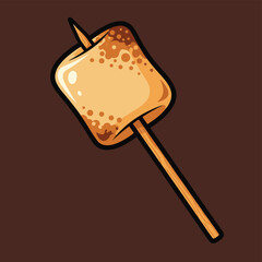 A cartoon illustration of a single roasted marshmallow on a wooden stick, showing golden brown toasted spots against a dark brown background.