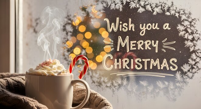 festive holiday scene featuring a steaming cup of hot chocolate with whipped cream, a candy cane, and the text "Wish you a Merry Christmas" visible through a frosted window. - Powered by Adobe