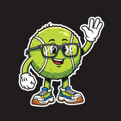 A cute cartoon tennis ball character wearing glasses and sneakers, happily waving its hand on a black background.