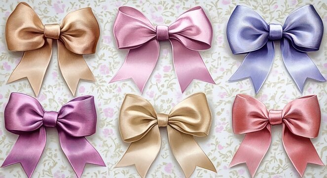 pastel satin ribbon bows arranged on vintage floral patterned background conveying delicate cheerful feminine mood