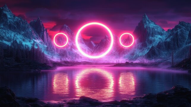 Misty mountain lake at dusk with three glowing neon rings reflected on calm water, surreal otherworldly and mysterious atmosphere - Powered by Adobe