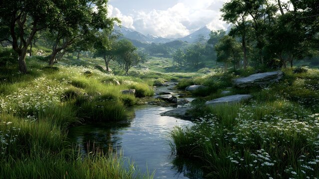 Lush green landscape with creek flowing through meadow surrounded by trees and mountains creating tranquil outdoor scenery with fresh nature beauty on sunny day - Powered by Adobe