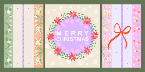 Festive christmas greeting card design with poinsettia wreath and floral borders