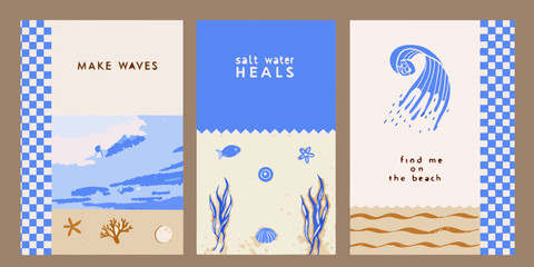 Three charming beach themed illustrations with inspirational quotes and ocean motifs