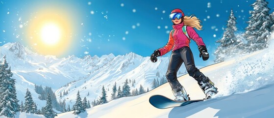 snowboarder in pink jacket carving through powder on a sunny alpine slope with pine trees and distant snowy mountains, exhilarated and free