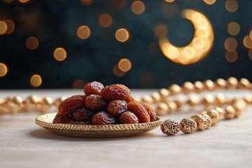 Glossy dried dates piled on an ornate golden plate beside decorative beaded necklaces, glowing crescent and warm bokeh lights creating a peaceful festive atmosphere