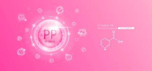 Synthetic natural vitamin PP in hexagonal dome pink. Surrounded by fruit, vegetable, syringe, pills and IV bag icons. Chemical structure of Nicotinamide. Medical scientific concepts. Vector.