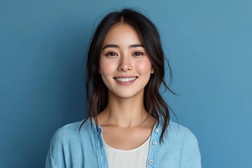 young woman with loose dark hair wearing a light blue cardigan and white top against a solid blue background, calm and contemplative posture