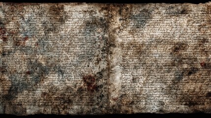 An ancient manuscript displaying intricate handwritten text, aged paper with wear, and visible stains, evoking a sense of historical significance.